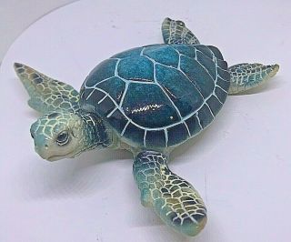 Large 5.  5 " Long Blue Sea Turtle Polystone Figurine Hand Painted Gift