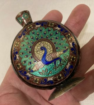 Antique Indian Silver Peacock Enamel Slaked Lime Flask