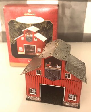 Vintage " Red Barn " Hallmark Keepsake Ornament Pressed Tin Dated 1999