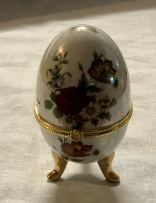 Vintage Limoge Lift Top Trinket Box Porcelain Egg Shape Floral Gold Accents Euc
