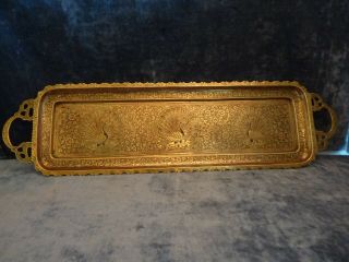 Antique Indian Brass And Enamel Etched Peacock Rectangular Tray With Handles