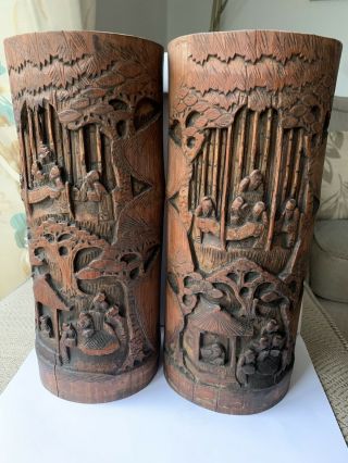 Large Hand Carved Chinese Bamboo Brush Pots