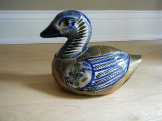 Vtg Ceramic Porcelain Duck W/ Brass Overlay Cobalt Blue White Figurine 9 "