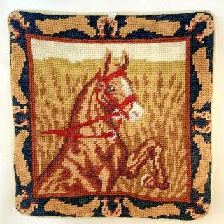 Horse Equestrian Needlepoint Pillowcase 10” Square Velveteen Back W/zipper