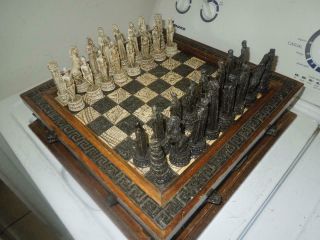 Vintage Spanish Conquistadors Vs Aztecs Themed Chess Set Tile Sand Resin Wood