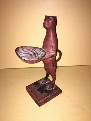 Antique Vintage Cast Iron Standing Cat Holding Clam Shell Soap Or Trinket Holder