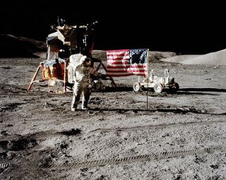 Apollo 17 Astronaut Eugene Cernan & Flag 8x10 Silver Halide Photo Print