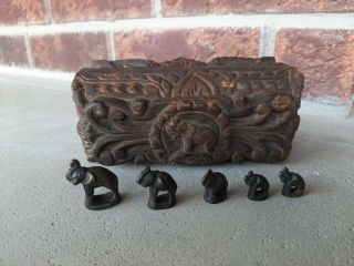 Antique Elephant Engraved Wooden Box With Metal Elephants Opium Scale Weights