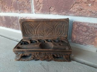 ANTIQUE ELEPHANT ENGRAVED WOODEN BOX WITH METAL ELEPHANTS OPIUM SCALE WEIGHTS 3