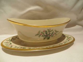 Vintage Lenox Holiday Gold Fine Bone China Gravy Boat With Attached Underplate