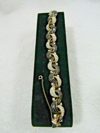 Vintage Signed Ciner Black Enamel Rhinestone Gold Tone Link Costume Bracelet