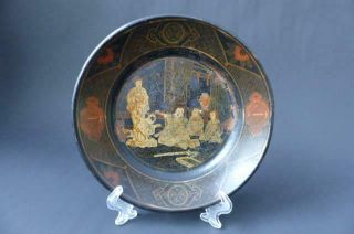 Antique Meiji Era Japanese Black Lacquer Shallow Bowl,  Martial Arts Decoration
