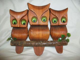 Vintage Mid Century Owl Art Hand Carved Wood Retro Wall Hanging 3 Owls Triple