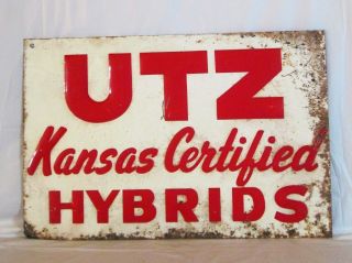 Vintage 1950s Utz Kansas Certified Seed Corn Farm 18 " Embossed Metal Sign.