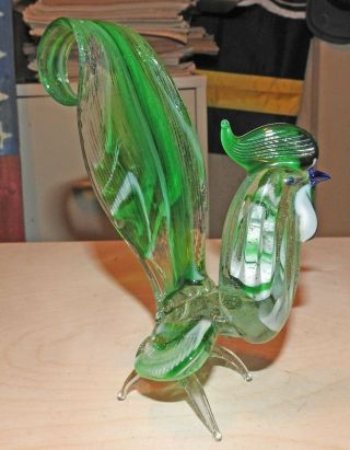 Hand Blown Green Art Glass Rooster Chicken Figurine