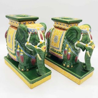 Vintage Pottery Elephant Bookends South Vietnam Polychrome 1960s Hand Painted