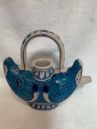 Antique Middle Eastern Salt Glazed Pottery Double Fish Form Pitcher 9” Tall Rare