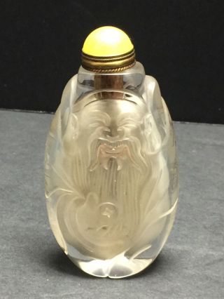 Vintage Chinese Figural Carved Rock Crystal Snuff Bottle With Reverse Painting