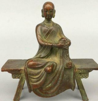 Old Solid Bronze Patinated Buddha On Bench Figure : Meditating Blessing Buddha