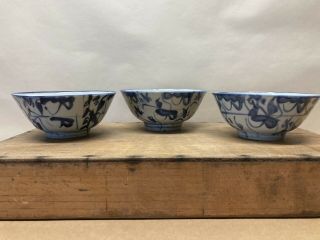 3 Antique Chinese Blue And White Ming Dynasty Bowls Porcelain