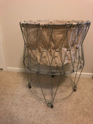 Vintage Mid Century Collapsible Folding Wire Basket Metal Laundry Cart W/casters