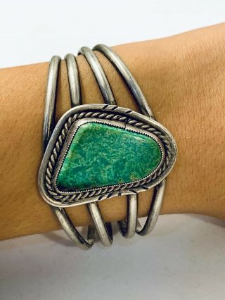 Vintage Navajo Sterling Silver Turquoise Cuff Bracelet Chunky Large Turquoi