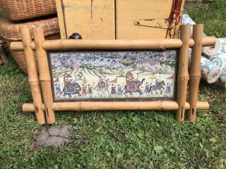 Vintage Indian Traditional Silk Handpainted Mughal Elephant In Boho Bamboo Frame