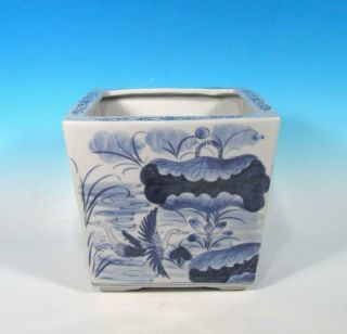 Japanese Vintage Oriental Blue & White Porcelain Cachepot Planter Brids Prunus