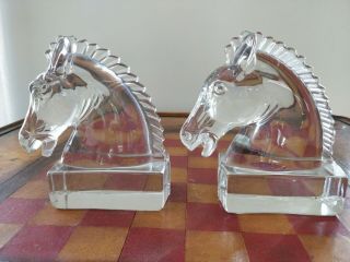 Vintage Pair Heisey 7 " Clear Glass Cristal Large 8 Lb Horse Bookends Chess Heavy