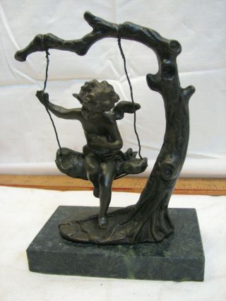 Vintage Auguste Moreau Bronze Sculpture Cherub On Tree Swing Angel Child Figure