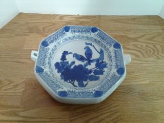 Vintage Chinese Export Ware Blue & White Warming Plate Dish Birds On Branch