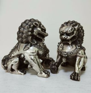 6.  3inch Big Tibet Silver Fu Foo Dog Guardian Lion Argent Lucky Statue Pair