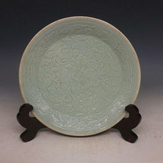 Chinese Old Ding Kiln Pea Green Glazed Carved Flower Pattern Porcelain Plate
