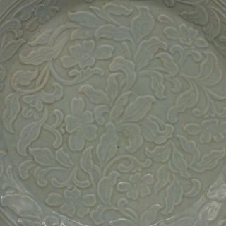 Chinese Old Ding Kiln Pea Green Glazed Carved Flower Pattern Porcelain Plate 3