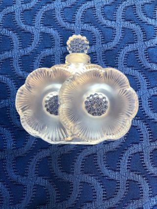 Authentic Vintage Signed Lalique " Deux Fleurs " Perfume Bottle 3 3/4” W 2 Flowers