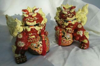 Ceramic Oriental Foo Dog/ Dragon Lion Statue Pair 8 " With Swords And Tassels