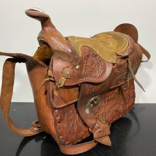 Vintage Tooled Leather Equestrian Horse Saddle Novelty Handbag Purse