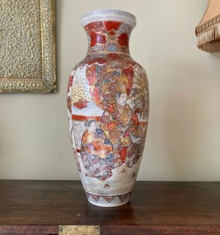 Japanese Meiji Period Large Satsuma Vase Baluster Form Hand Painted Pottery Vase
