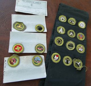 Vtg Boy Scout Sash With 18 Merit Badges,  1957 Certificates Washington Council