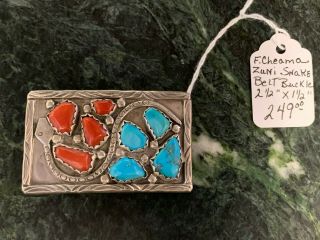 Vintage Zuni F.  Cheama Sterling Silver Turquoise Coral Snake Belt Buckle