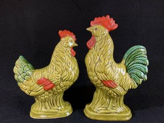 Vintage Rooster And Hen Figurine / Statue Majolica Made In Japan