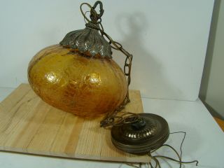Old Vtg Crinkle Crackle Amber Glass Mid Century Hanging Ceiling Light Swag Lamp