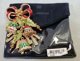 Ksd Vintage St John Holiday Christmas Gold Plate Bells & Holly Xl Brooch Pin Euc