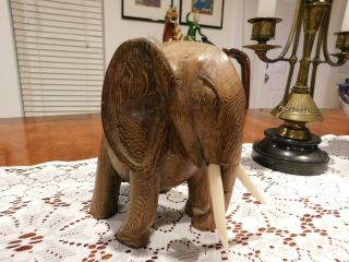 Vintage Hand Carved Solid Wood Elephant Statue 6 1/4 " Tall X 6 3/8 "