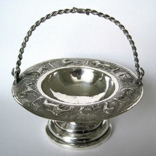 Antique Small Indian Silver Spice Or Bonbon Dish / Bowl Decorated With Animals