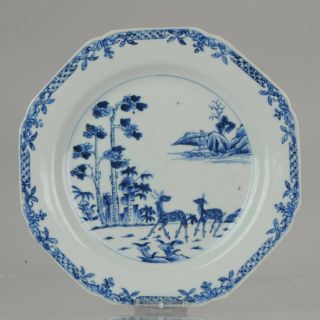 Antique Cobalt Blue Deer Plate 18c Landscape Sacred Mushroom Chinese Por.