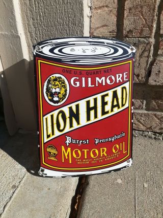 Vintage Gilmore Lion Head Motor Oil Sign Purest Pennsylvania Gas Neat