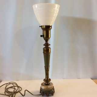 Vintage Mid Century Heavy Brass Mcm Table Lamp Milk Glass Shade Rembrandt 2040
