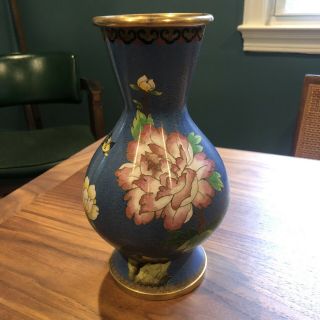 Antique Chinese Brass And Enamel Cloisonné Vase Blue & Green Floral 10 " Tall
