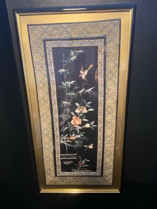 Vintage Asian Embroidered Silk Panel Black Satin Silk Birds Chinese